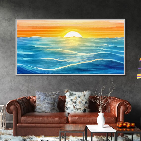 Ocean Sunset Waves Blue Sea Horizon Golden Sun Painterly Coastal Wall Art Poster