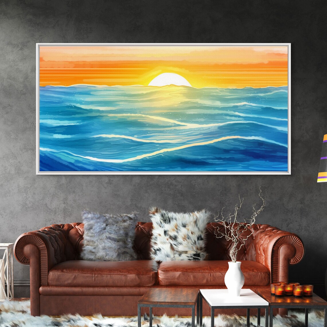 Ocean Sunset Waves Blue Sea Horizon Golden Sun Painterly Coastal Wall Art Poster