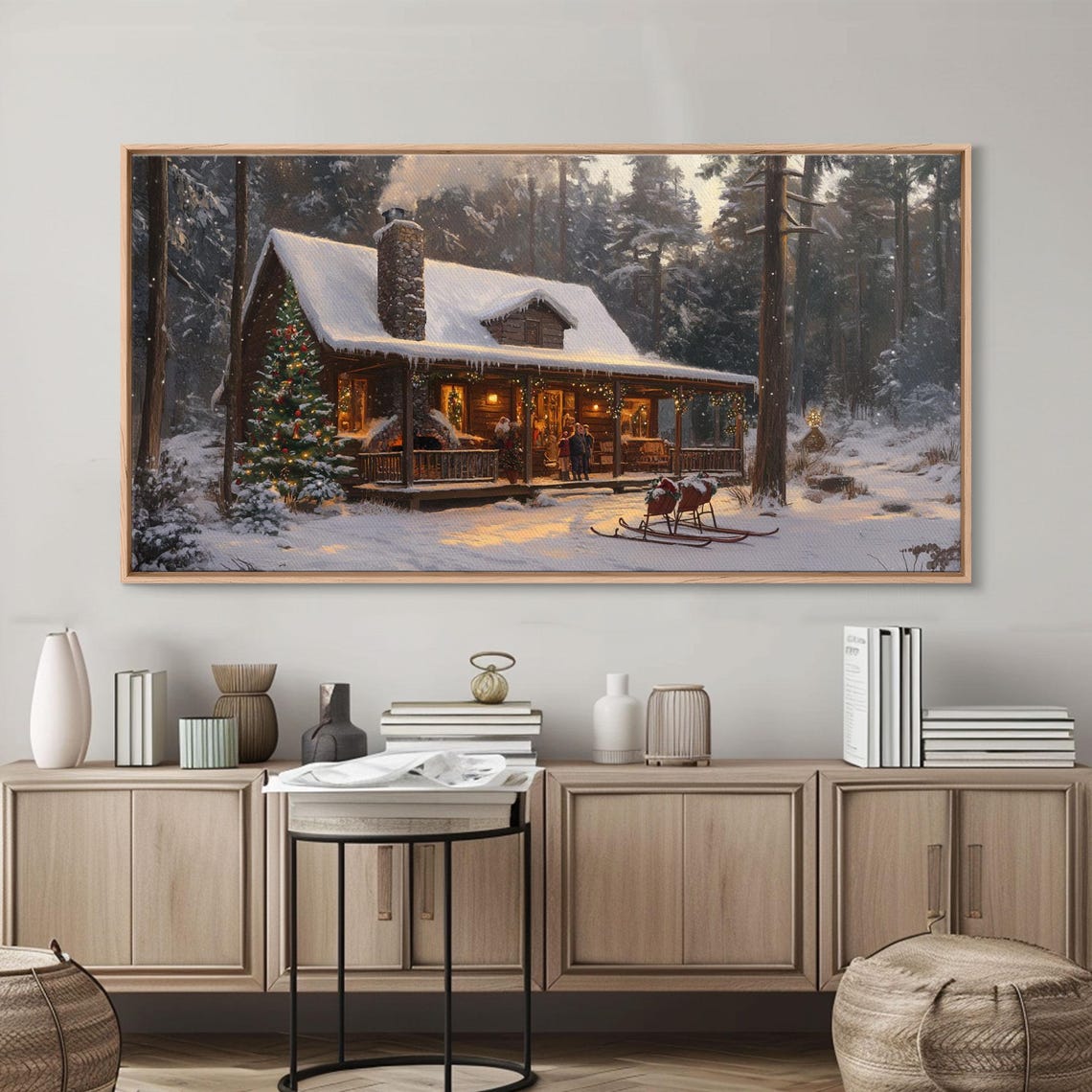 Snowy Log Cabin Porch Christmas Tree Sleds Night Winter Wall Art - Image 3