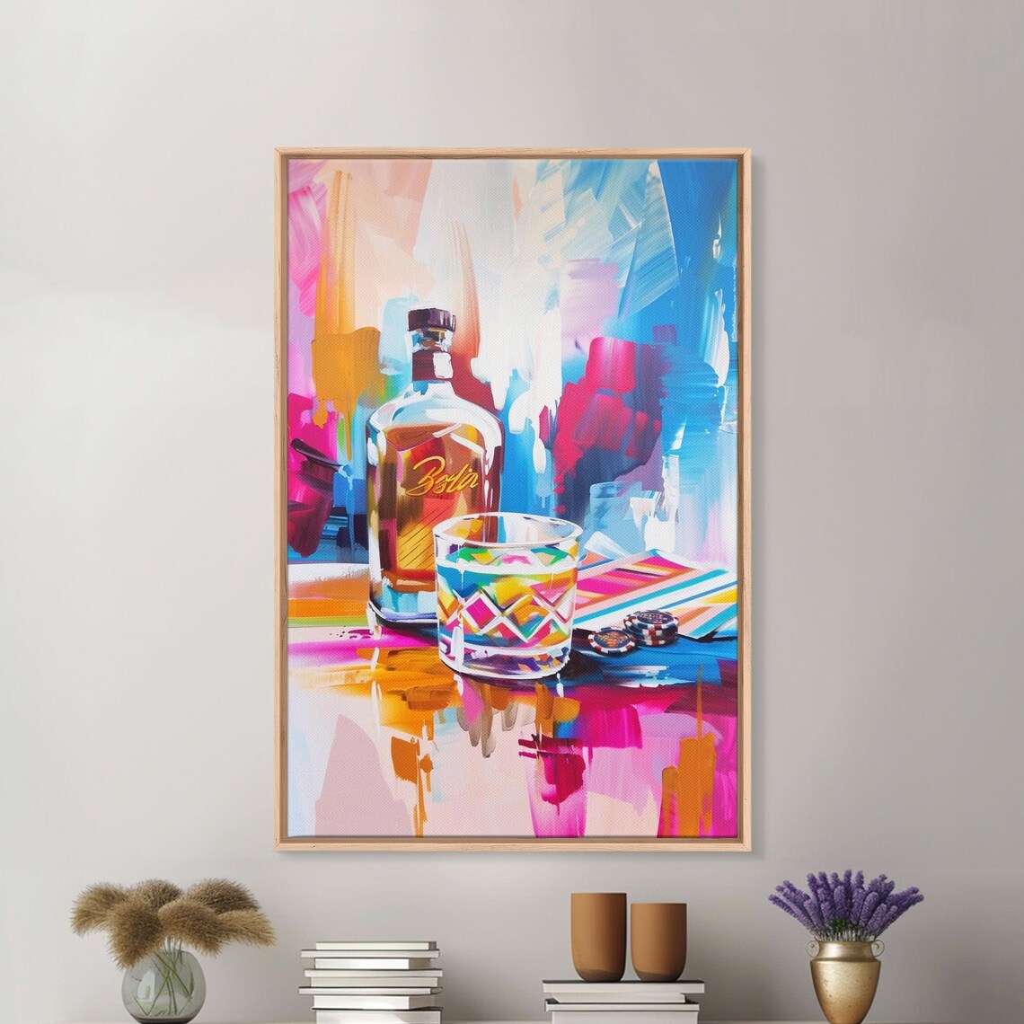 Colorful Whiskey Bottle And Rocks Glass Modern Bar Decor Wall Art - Image 4