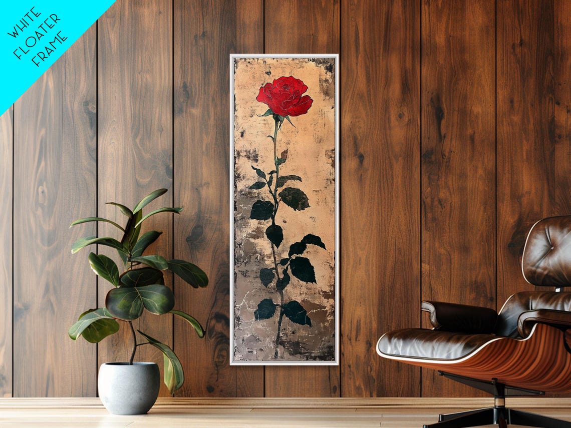 Single Red Rose Long Stem Japanese Woodblock Floral Wall Art - Image 6