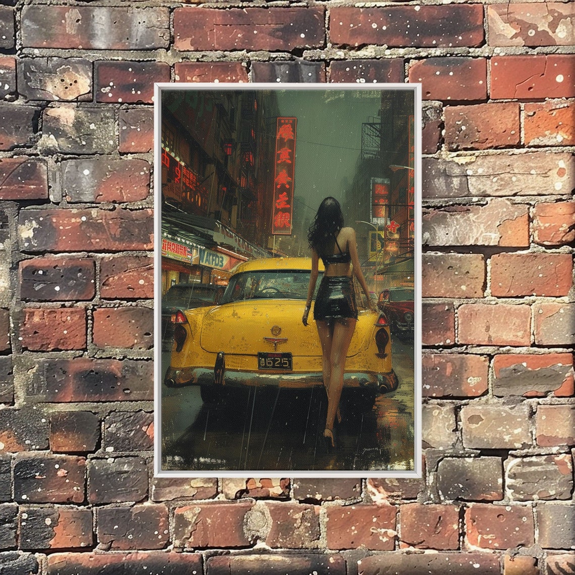 Japanese City Art Framed And Printed On Taxi Cab Oil Painting Printed On Art Print Of Woman With Taxi Cab In Tokyo Japan - Image 4