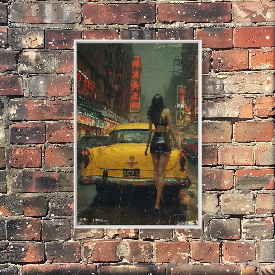 Rainy Asian City Night Poster Woman Walking to Vintage Yellow Taxi - Image 4