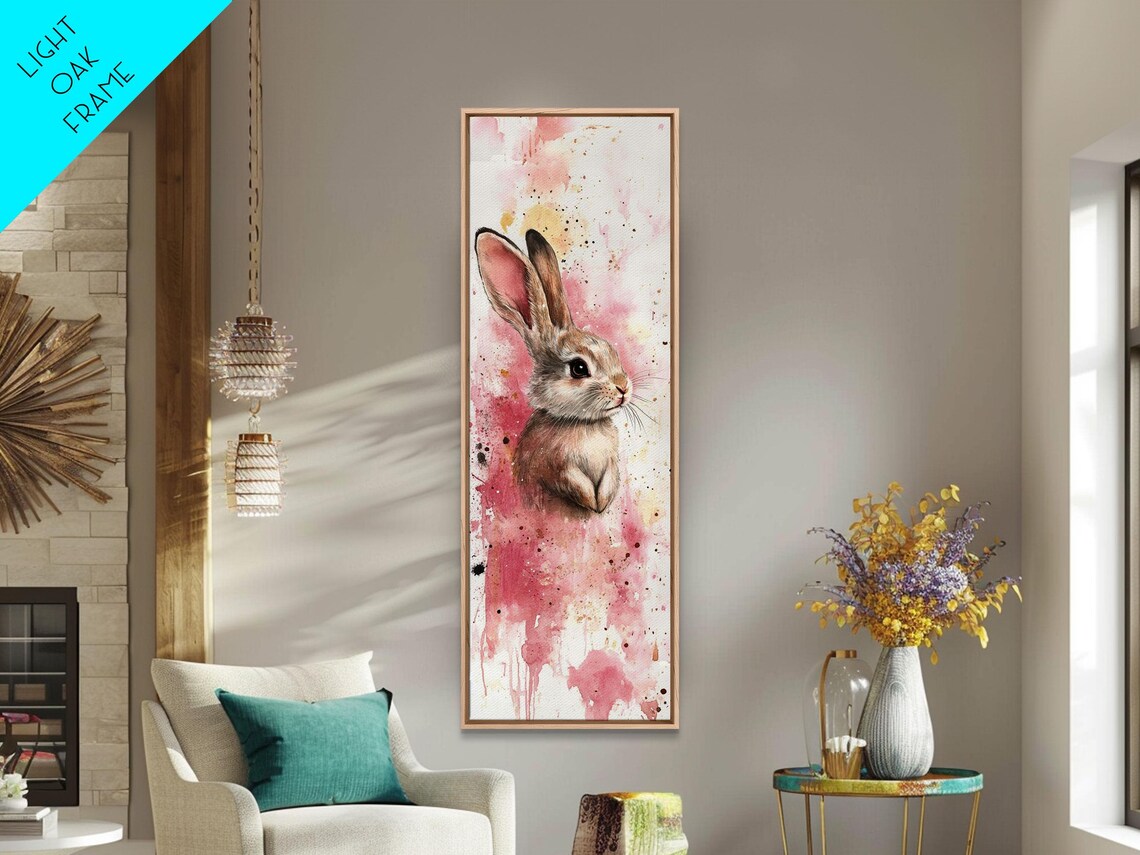 Sweet Watercolor Bunny Pink Splatter Floral Nursery Wall Art - Image 2