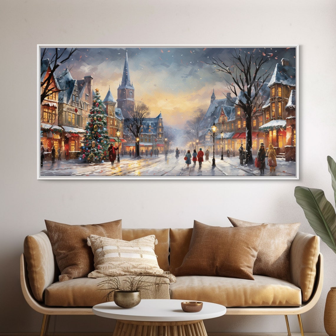 Snowy Christmas Town Square Tree Church Spire Lanterns Dusk Art Poster