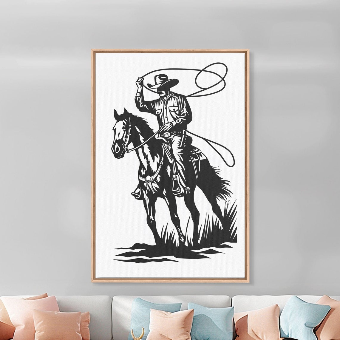 Cowboy Roping On Horseback Black Silhouette Western Line Art Poster - Image 5