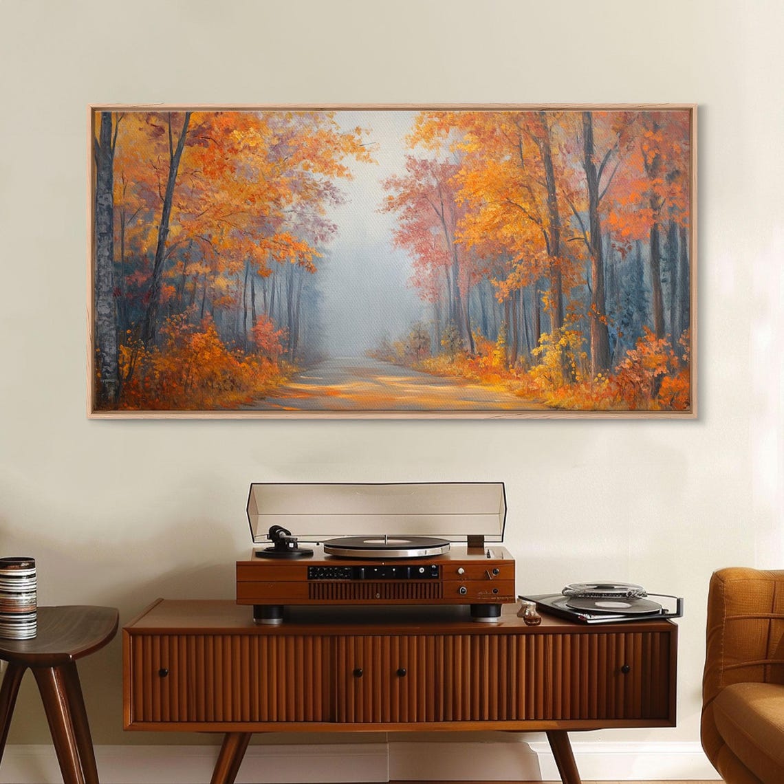 Fall In The Forest Moody Autumn Trees Misty Road Landscape Poster - Image 5