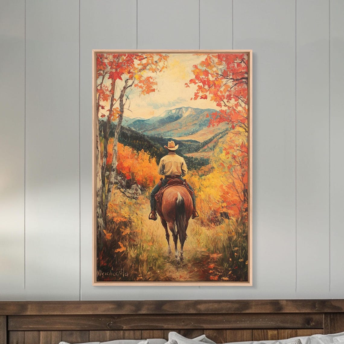 Cowboy Riding Autumn Trail Toward Mountains Orange Trees Fall Poster - Image 4