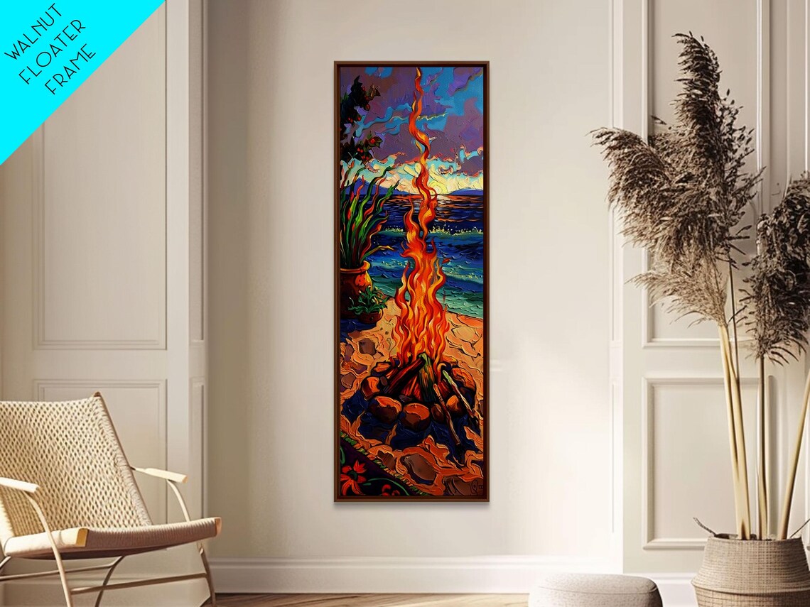 Beach Campfire At Sunset With Tall Flames Over Ocean Impasto Art Poster - Image 4