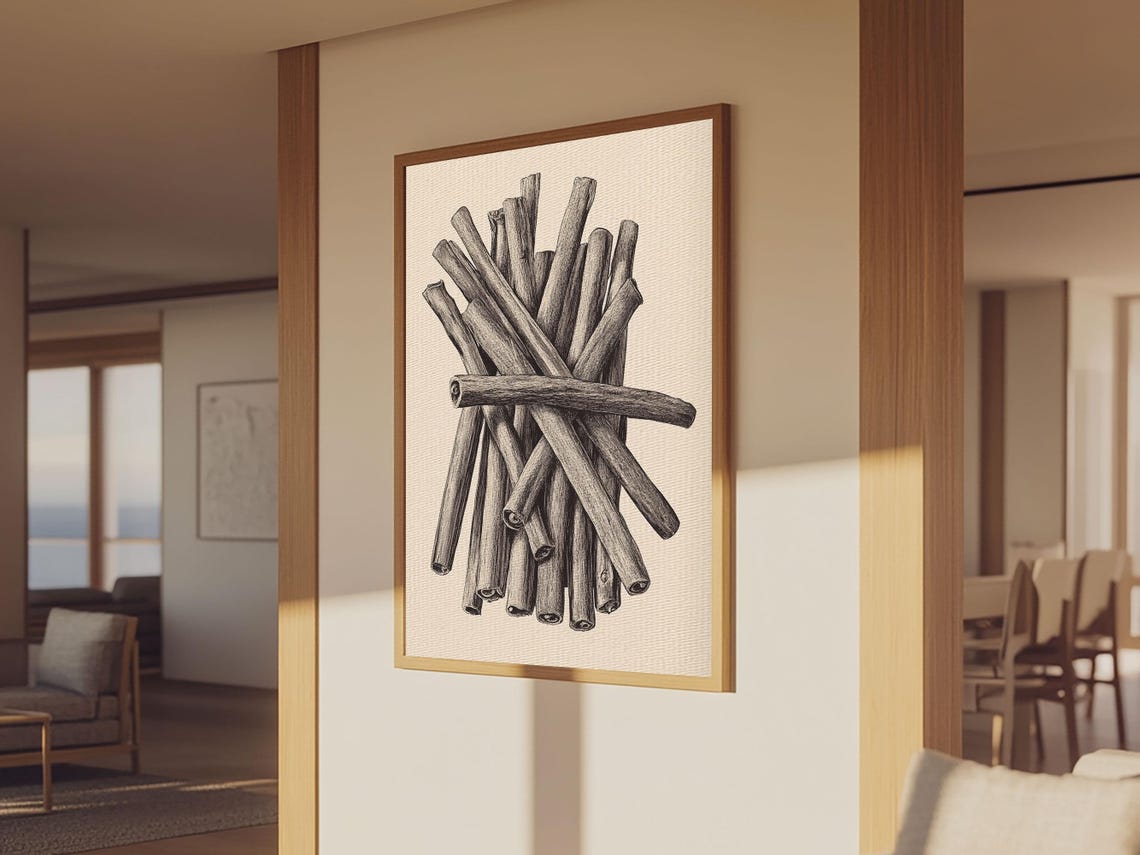 Bundle Of Cinnamon Sticks Pencil Sketch Rustic Kitchen Wall Poster - Image 2