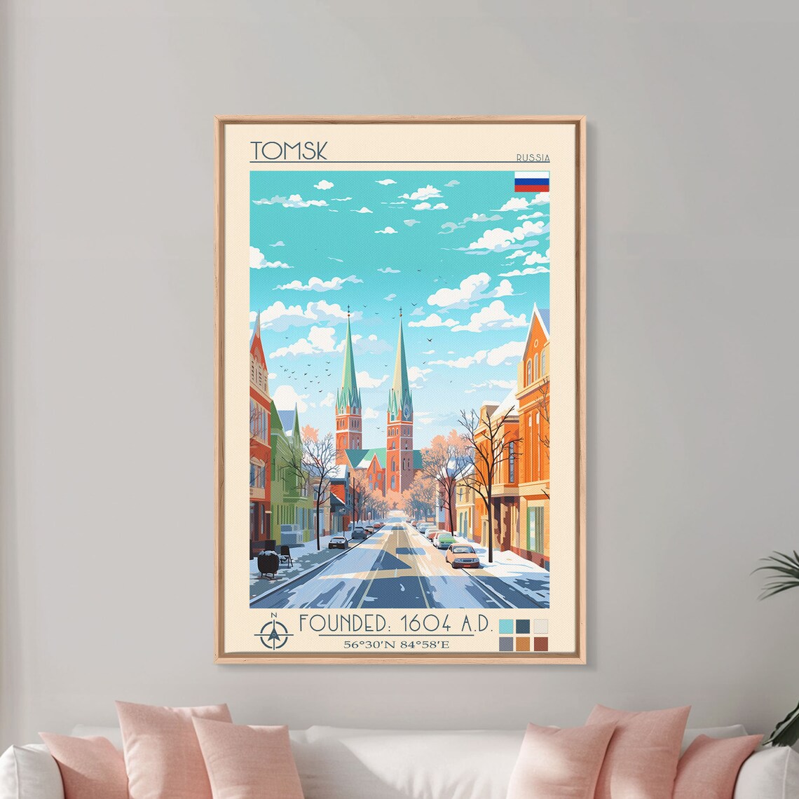 Tomsk Russia Snowy Winter Street Twin Spire Church View Travel Poster - Image 5