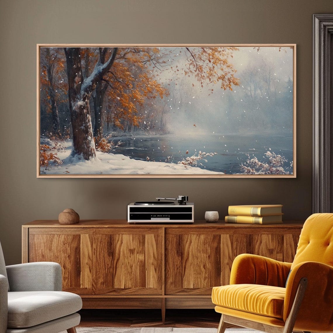 Autumn Lake Scene Golden Trees Falling Snow Icy Water Poster - Image 4