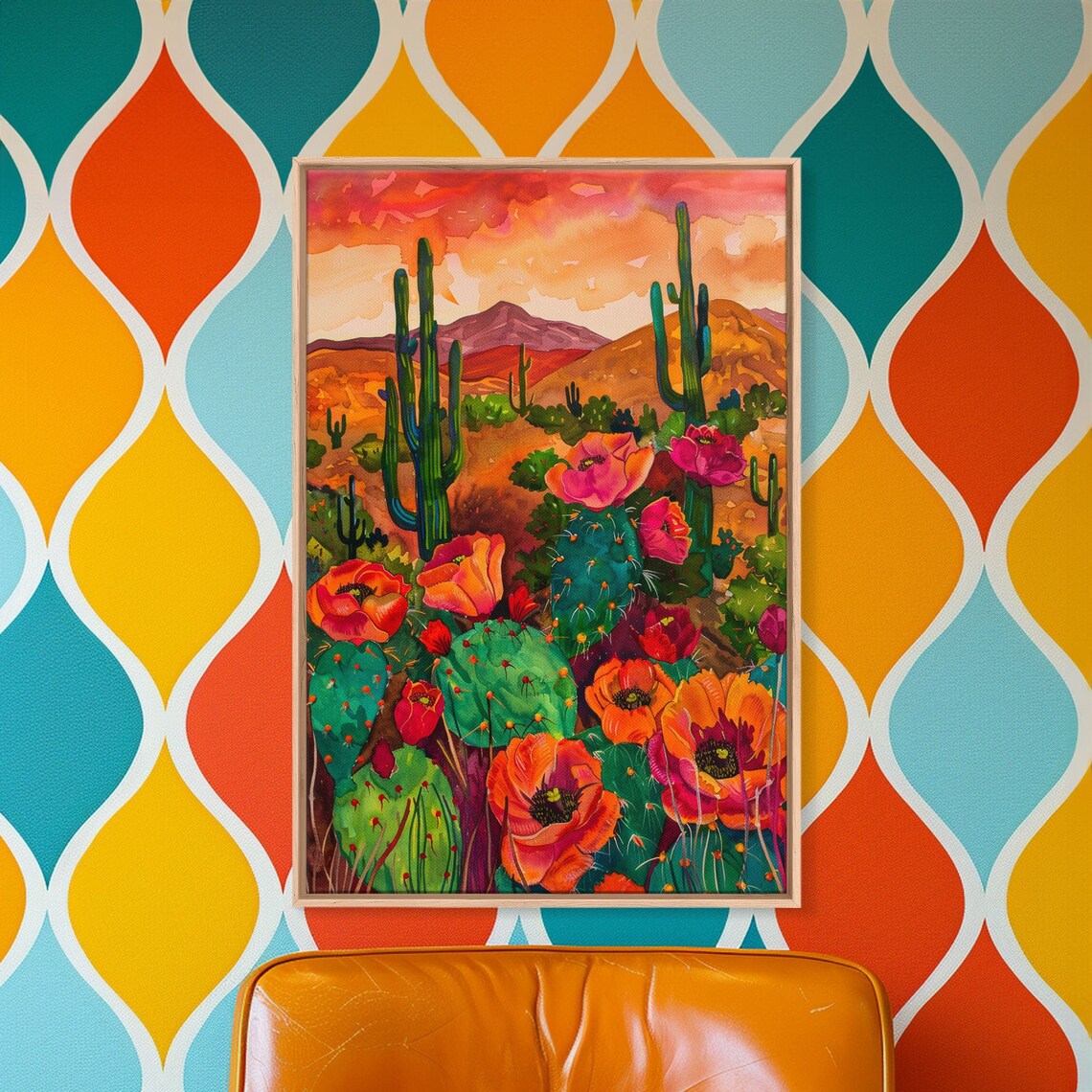 Southwest Desert Landscape With Cacti And Flowers Art Print - Image 3