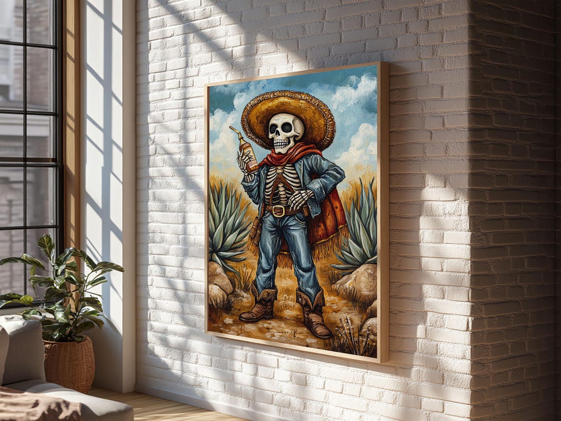 Mexican Skeleton Cowboy Sombrero Tequila Bottle Desert Art Poster - Image 3