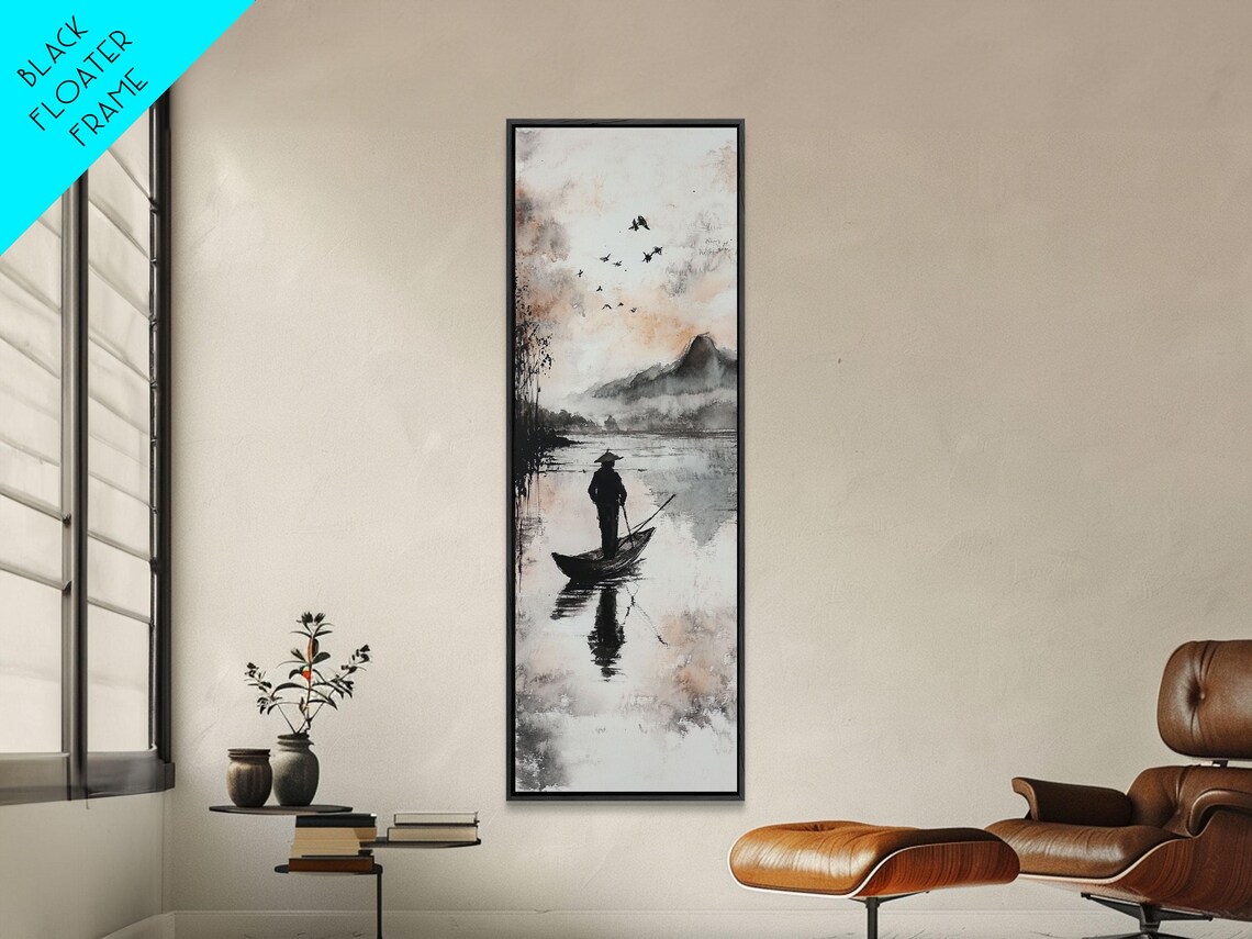 Misty Lake Fisherman in Boat Ink Wash Mountains Birds Wall Art - Image 6