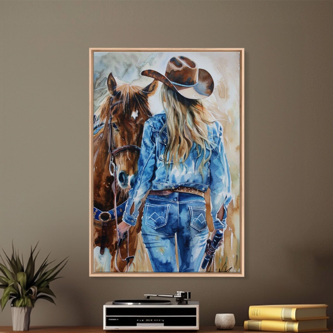 Cowgirl In Denim With Horse Watercolor Western Ranch Life Poster - Image 2