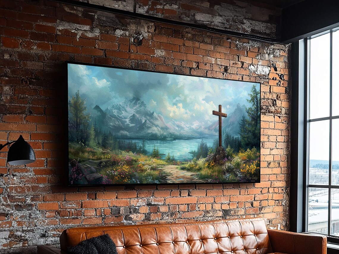 Wooden Cross In Mountain Lake Wildflower Meadow Christian Faith Wall Poster - Image 4