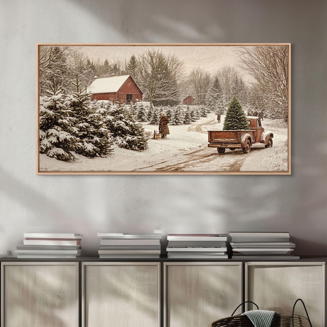 Vintage Christmas Tree Farm Truck Red Barn Snowy Sepia Wall Art - Image 3