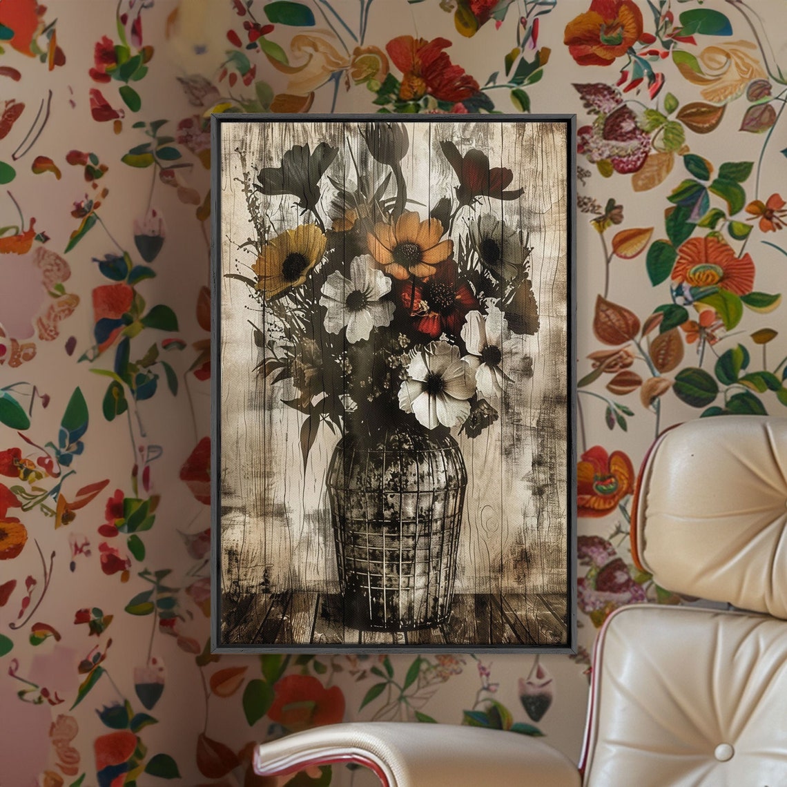 Wildflowers Wire Basket Vase Distressed Farmhouse Rustic Art Poster - Image 2