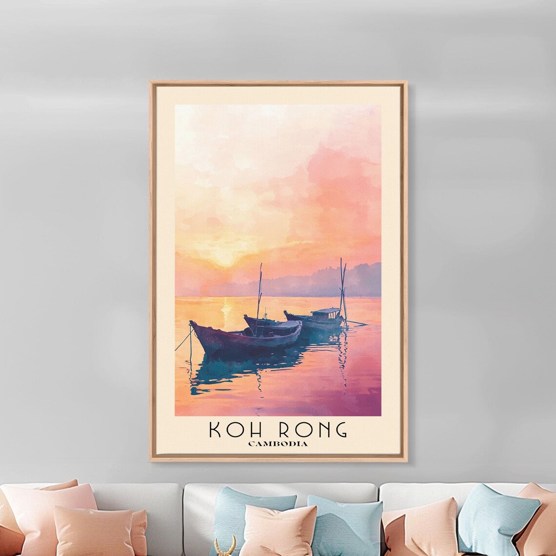 Koh Rong Cambodia Fishing Boats Pink Sunset Sea Watercolor Poster - Image 3
