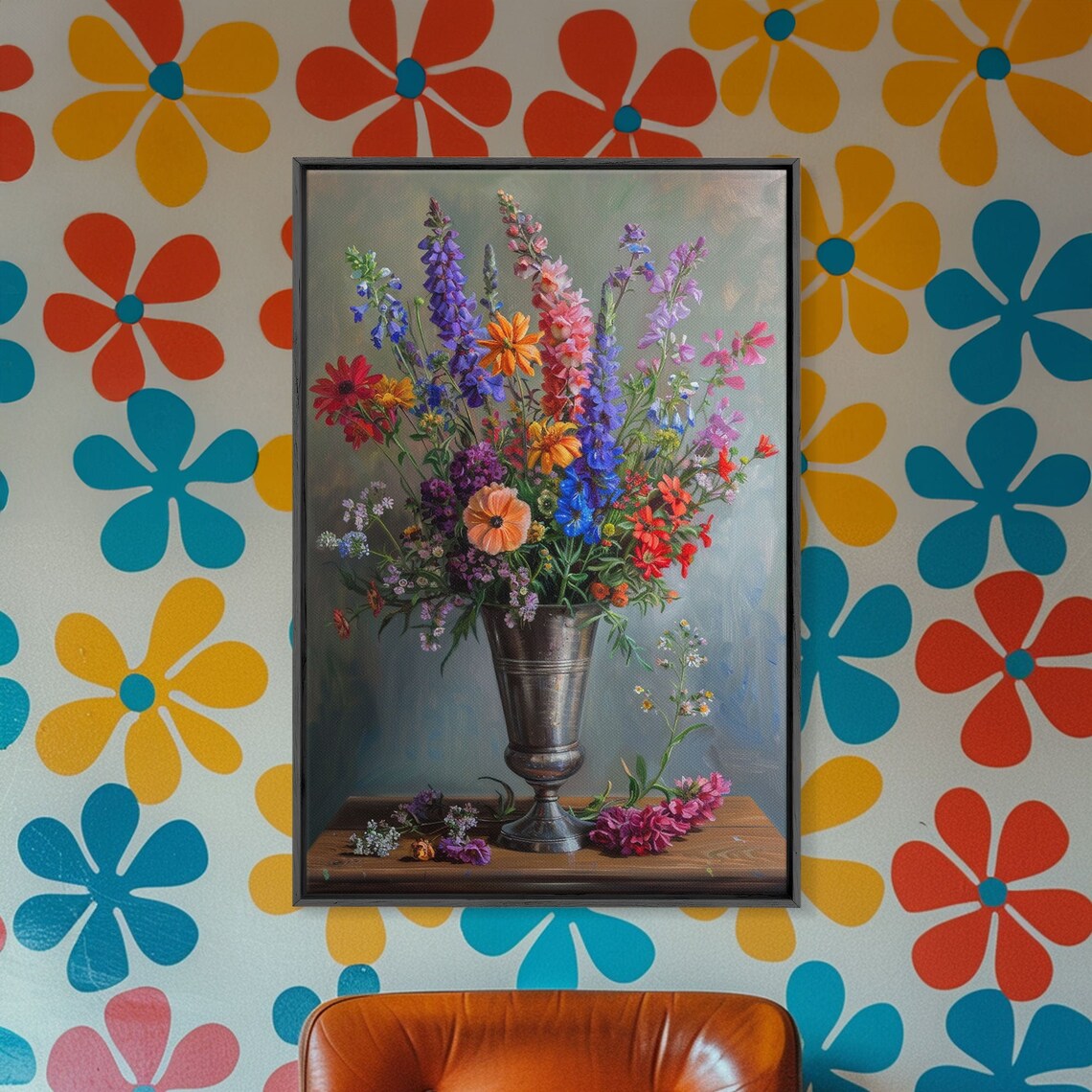 Colorful Wildflower Bouquet Silver Vase Classic Still Life Art Poster - Image 3