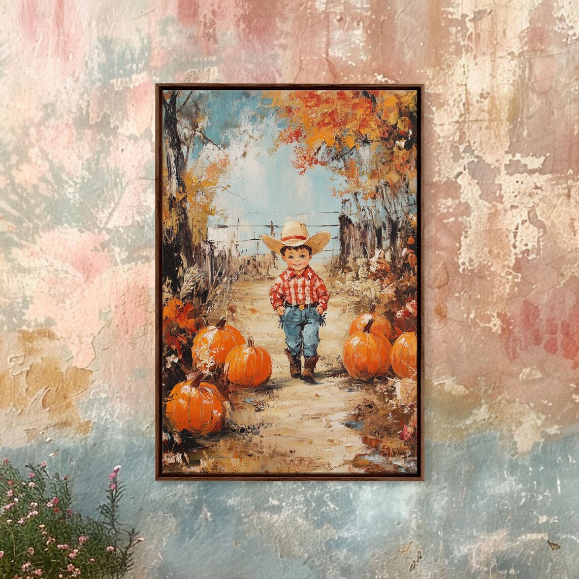 Little Cowboy Child Pumpkins Autumn Farm Path Rustic Painting Art Print - Image 2
