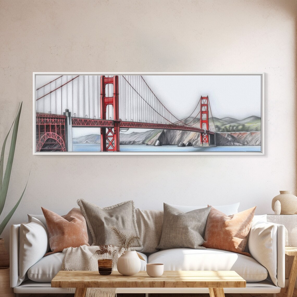 The Golden Gate Bridge Print Colored Pencil Sketch Art Mountain Landscape River Lake Panoramic Wall Art Print - Image 4