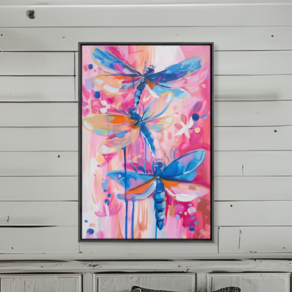 Trio Of Vivid Blue Dragonflies On Pink Abstract Nature Art Poster - Image 3