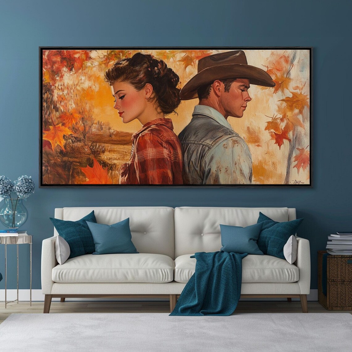 Cowboy And Cowgirl Back To Back In A Golden Autumn Forest Print