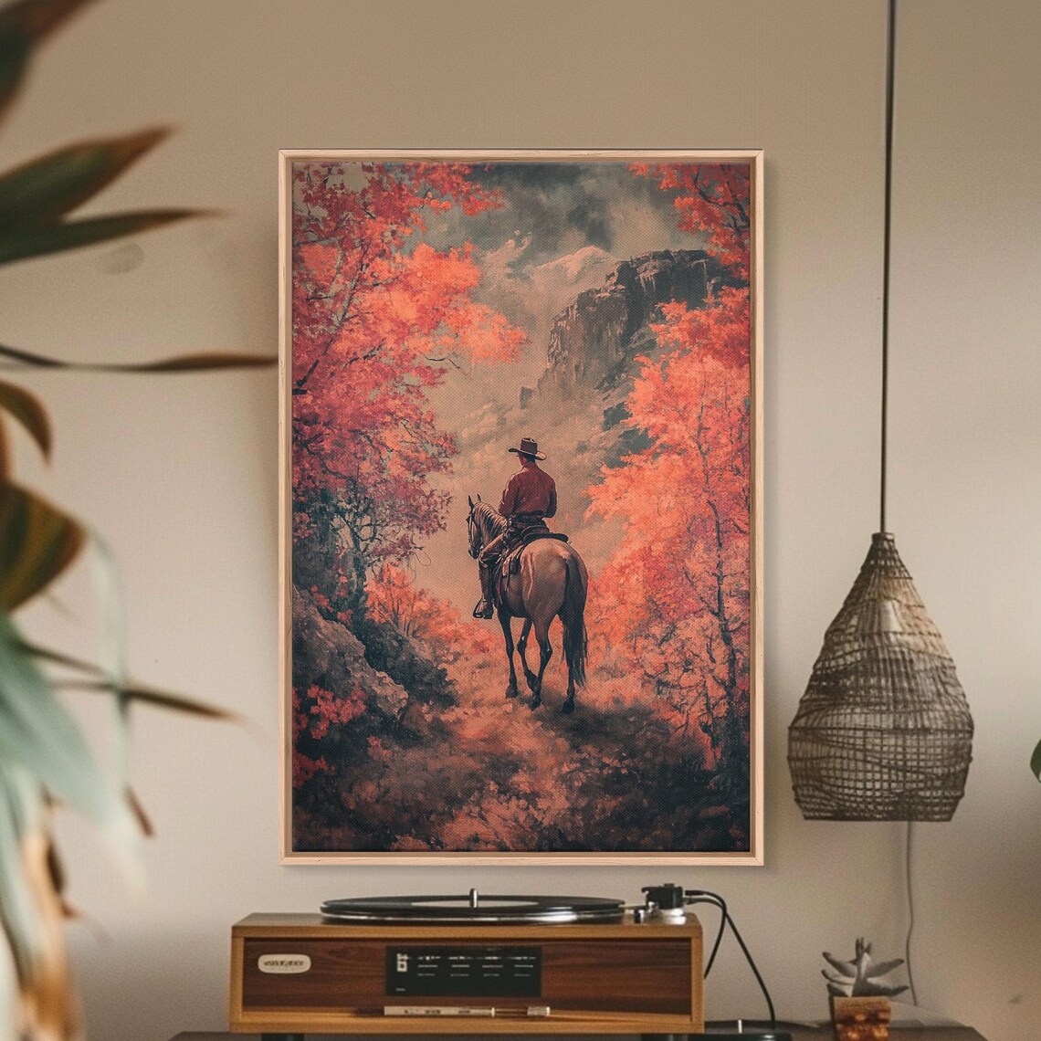 Cowboy On Horseback Canyon Path Blazing Red Autumn Trees Rocky Poster - Image 2