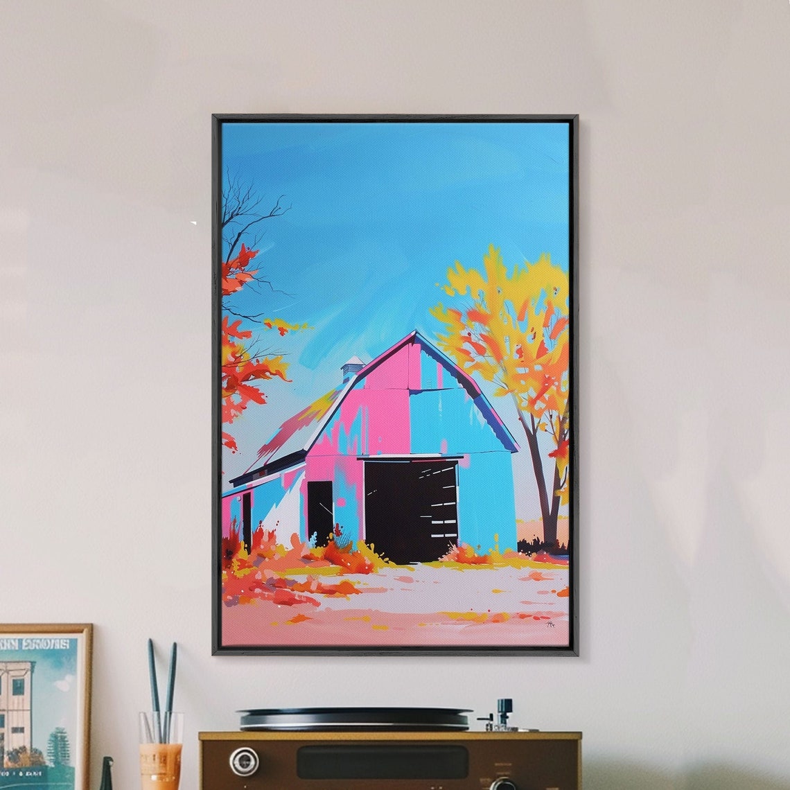 Colorful Pop Art Barn With Autumn Trees Under Blue Sky Wall Poster - Image 2