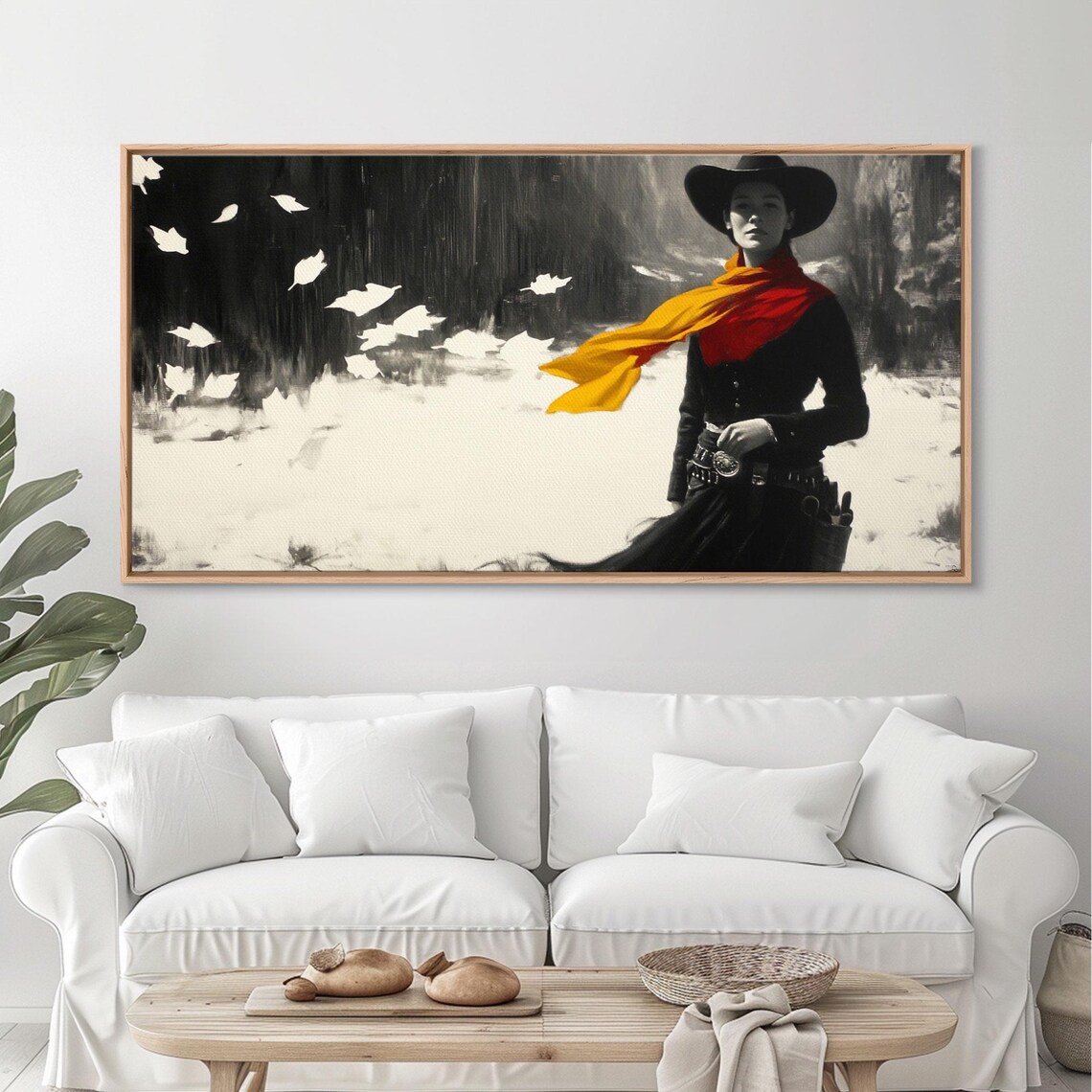 Black And White Cowgirl With A Red Scarf In The Snow Art Print - Image 4