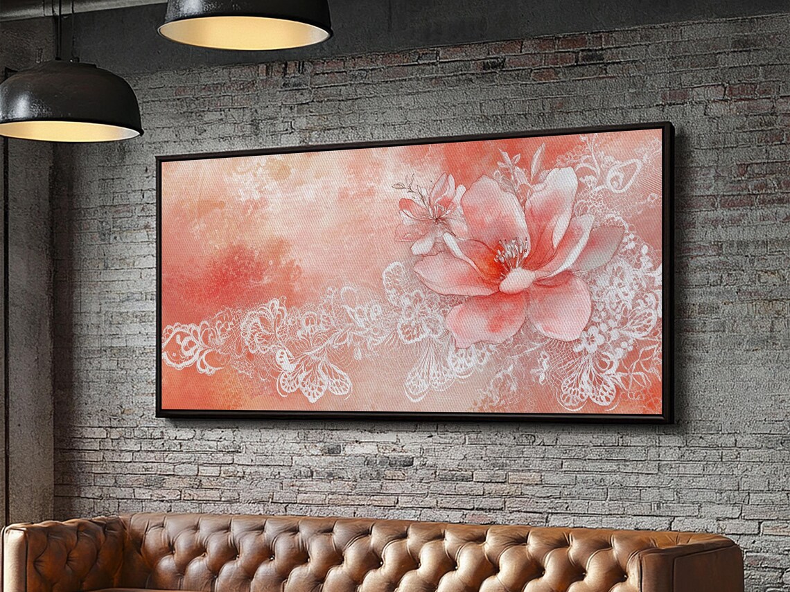 Coral Pink Floral With White Lace Watercolor Romantic Botanical Poster - Image 2