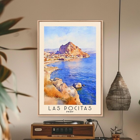 Las Pocitas Peru Rocky Headland Coastal Town Blue Sea Watercolor Poster