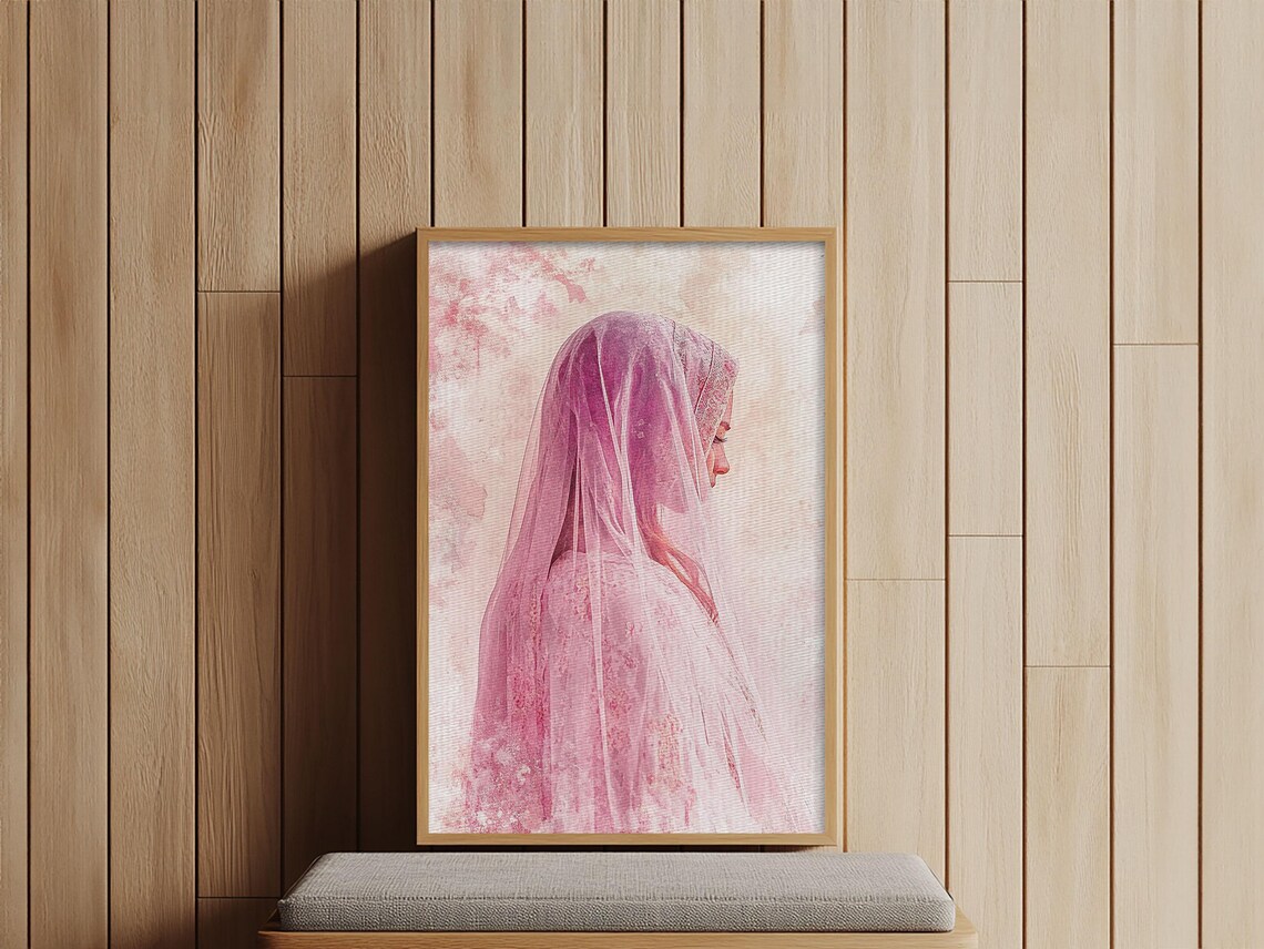 Woman In Flowing Pink Veil Watercolor Romantic Portrait Wall Art Print - Image 3