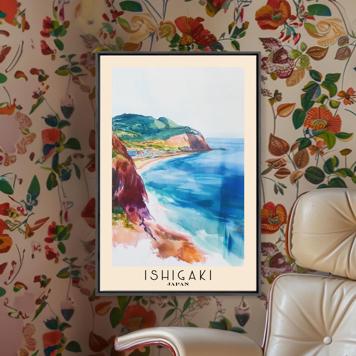 Ishigaki Japan Colorful Cliffs Turquoise Bay Green Hills Watercolor Poster - Image 2