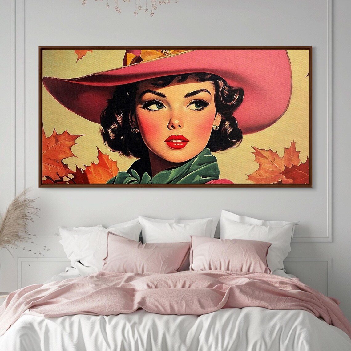 Retro Woman In A Pink Cowboy Hat Among Autumn Leaves Art Print - Image 2