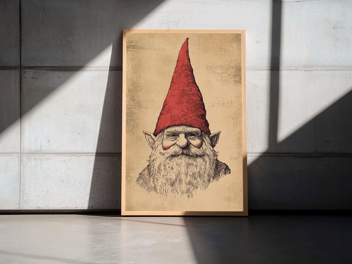 Gnome Portrait Red Hat Sepia Sketch Vintage Christmas Character Poster - Image 5