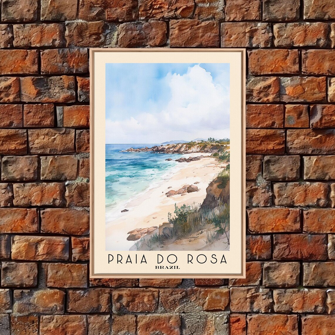 Praia do Rosa Brazil Rocky Cove Sandy Beach Turquoise Sea Cliffs Watercolor Poster - Image 4