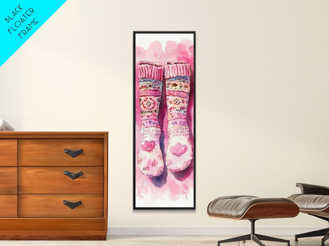 Cozy Pink Knitted Socks With Hearts Watercolor Whimsical Wall Art - Image 4