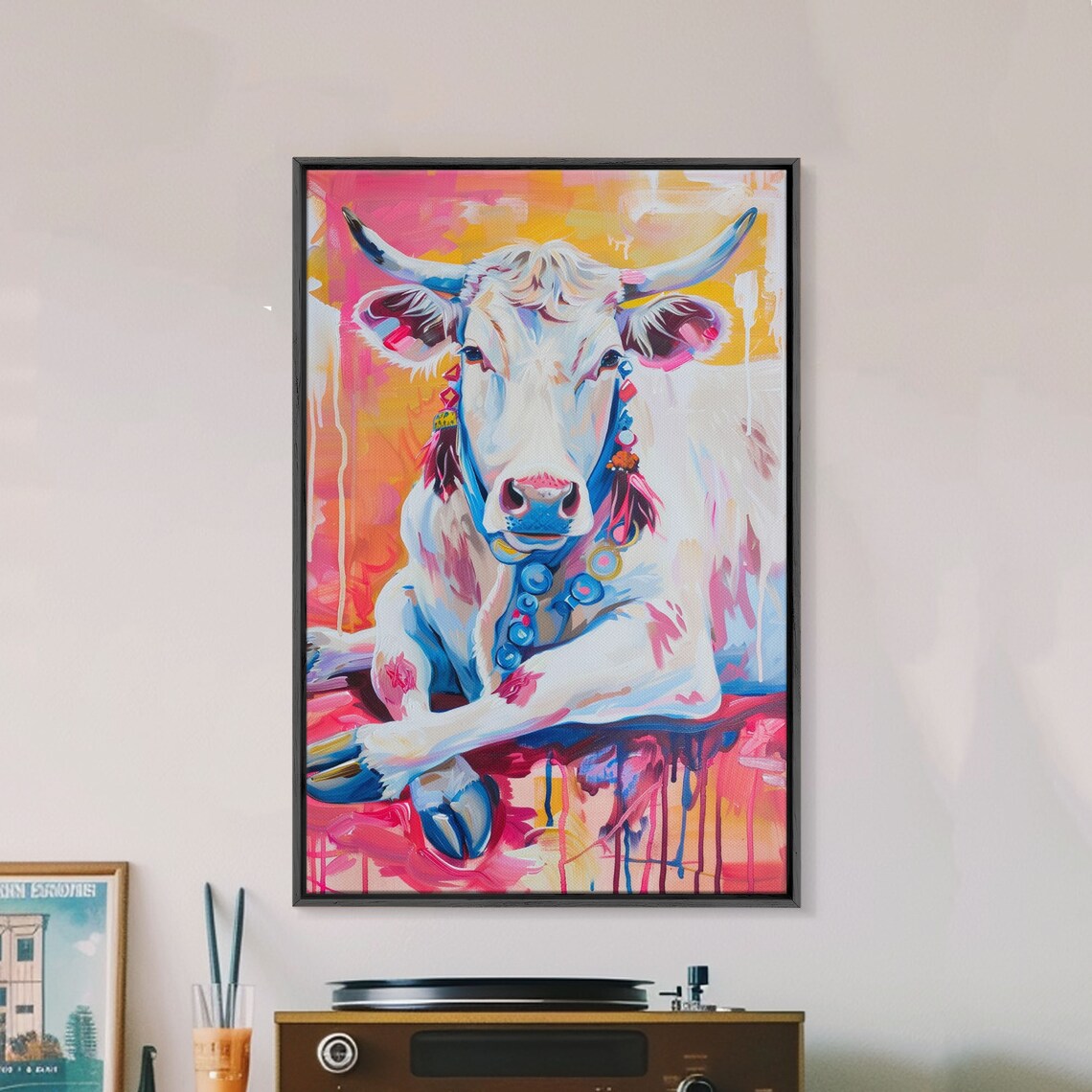White Longhorn Cow Portrait In Colorful Pop Art Style Wall Poster - Image 4