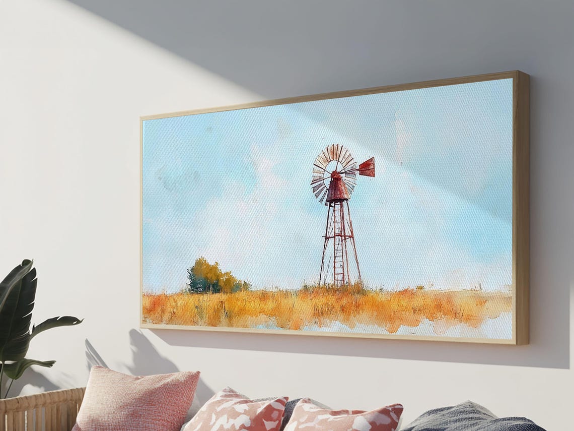 Rustic Windmill Framed Print Perfect Above Sofa Farmhouse Art Panoramic Artwork Wabi Sabi Inspired Bedroom Horizontal Wall Art - Image 6
