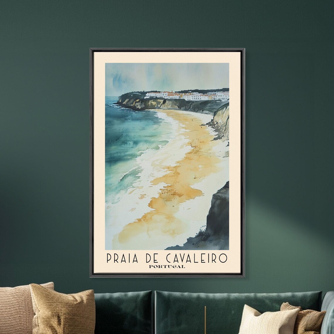 Praia de Cavaleiro Portugal Golden Beach Cliffs Town Watercolor Poster - Image 5