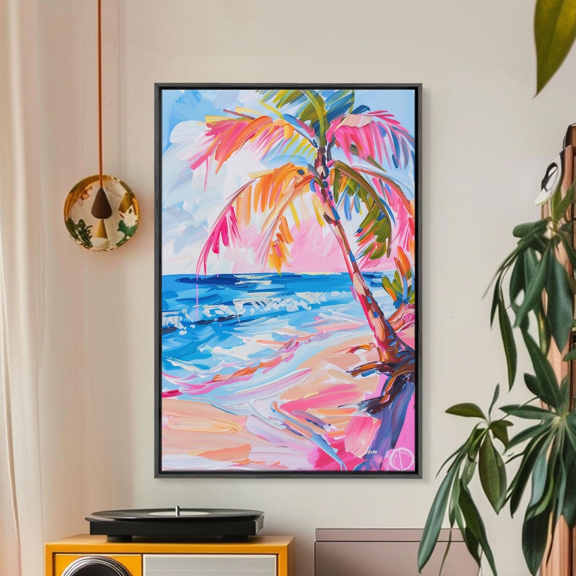 Colorful Palm Tree On Pink Beach Turquoise Waves Travel Poster - Image 5