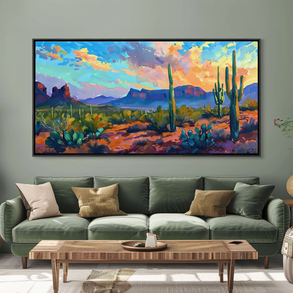 Desert Sunset With Cacti And Mountains Abstract Southwestern Art Framed Print Rustic Boho Wall Decor Living Room Art - Image 3
