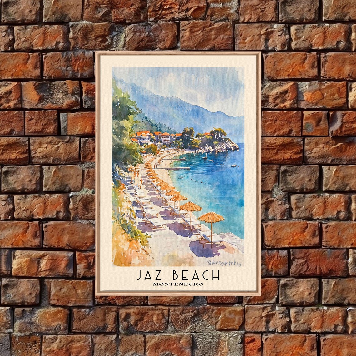 Jaz Beach Montenegro Orange Umbrellas Sandy Shore Mountain Watercolor Poster - Image 5