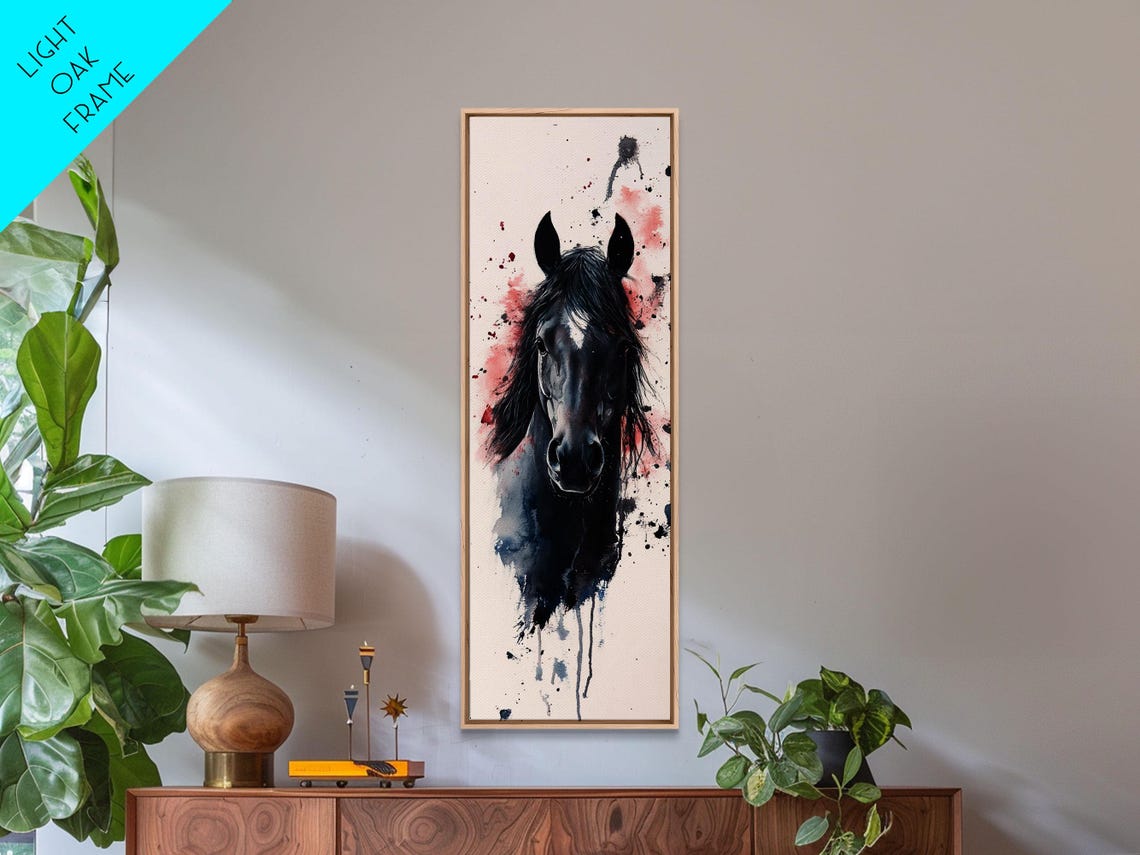 Black Horse Head Watercolor Pink Splash Romantic Vertical Art Poster - Image 4
