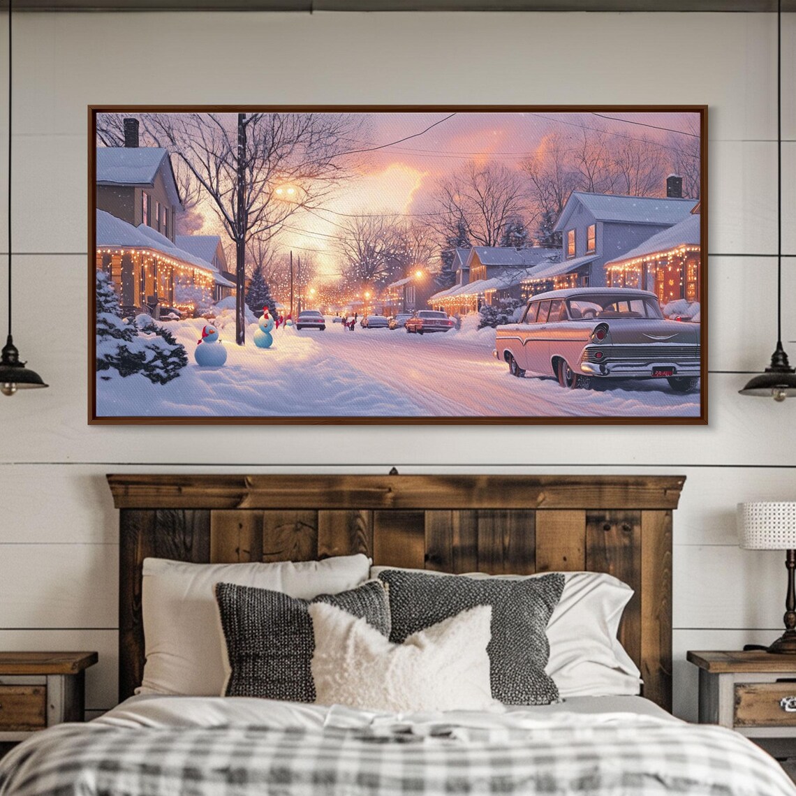 Snowy Suburban Street At Dusk With A Classic Car And Lights Poster