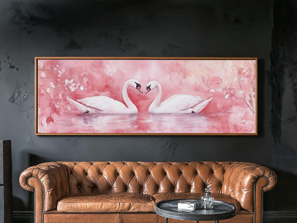 Romantic Swan Couple Pink Lake Watercolor Love Birds Wall Art - Image 3