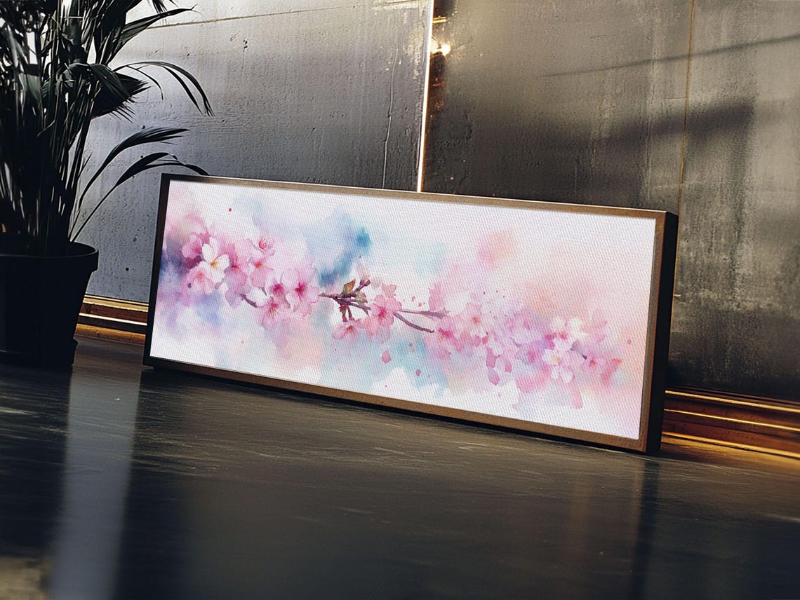 Cherry Blossom Branch Pink Watercolor Ukiyo E Panoramic Wall Poster